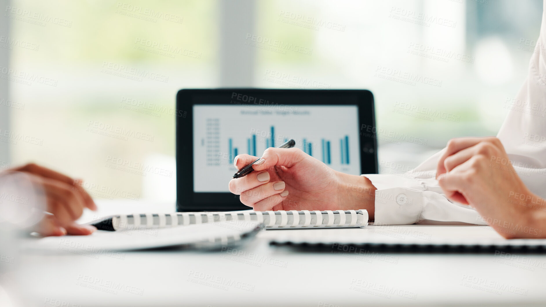 Buy stock photo Hands, paperwork and business people in meeting for feedback, performance review and document. Report graphs, sales planning and manager with budgeting portfolio with tablet in financial office