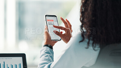 Buy stock photo Phone screen, back and woman in office with scroll for reading blog post on mobile app. Cellphone, technology and female employee on website for online news, information or research in workplace