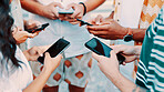 Outdoor, circle or hands of people with phone screen, friends exchange numbers or picture from hangout. High angle, typing or group with mobile to search for close activity, sharing media or planning