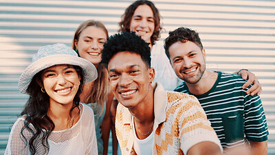 Buy stock photo Smile, friends and selfie outdoor on holiday, capture moment and happy memory together. City, men and women with group picture for photography, social media post or vacation with POV of portrait