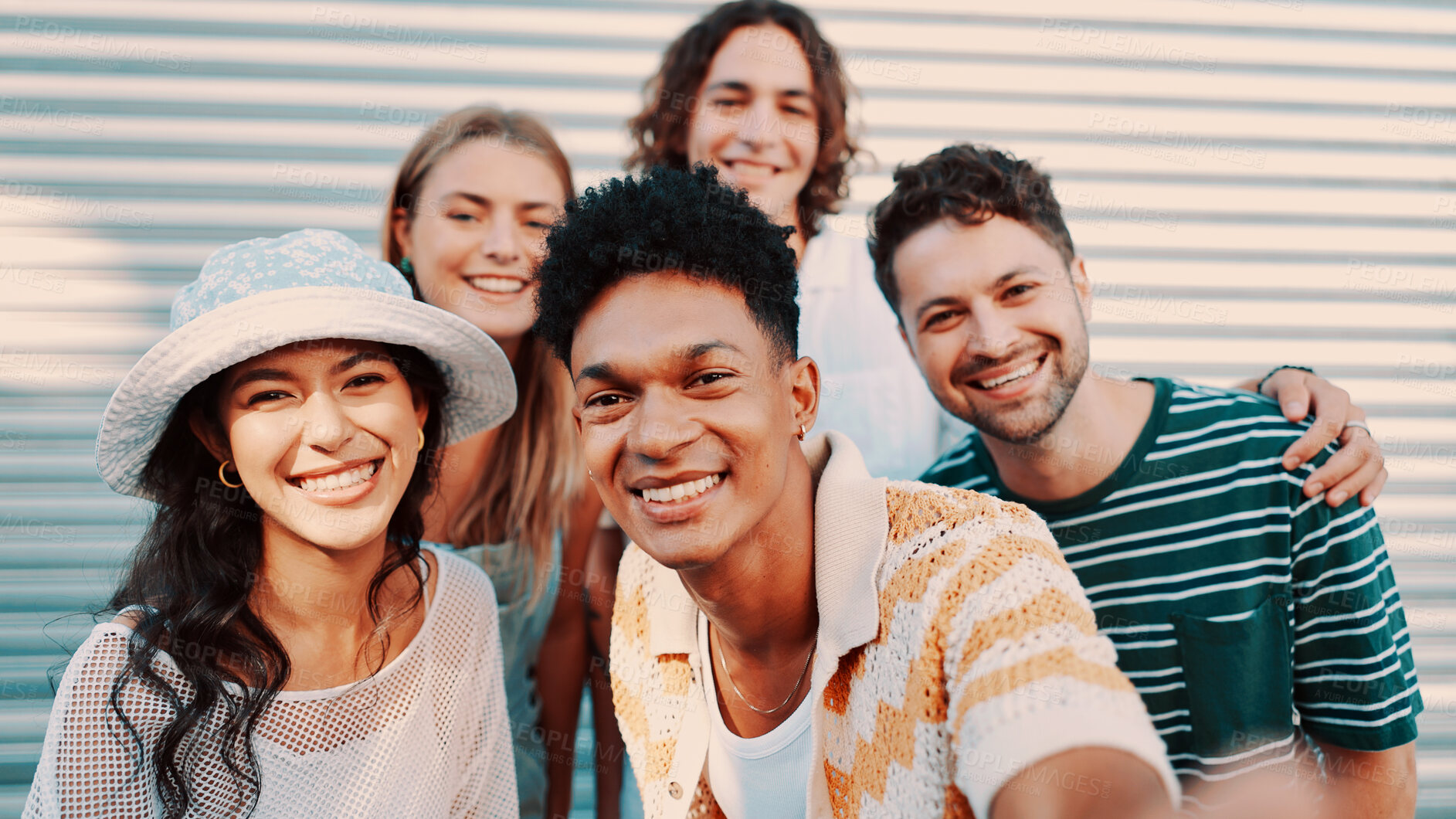 Buy stock photo Smile, friends and selfie outdoor on holiday, capture moment and happy memory together. City, men and women with group picture for photography, social media post or vacation with POV of portrait