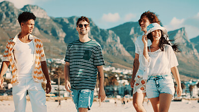 Buy stock photo Friends outdoor, laughing or walking on beach for bonding together, summer holiday and travel adventure. Happy, people and stroll by ocean for hangout, weekend getaway and tourist vacation activity.