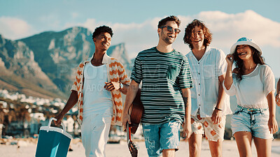 Buy stock photo Friends, laughing or walk on beach with bonding together, cooler for summer holiday or travel adventure. People, smile or stroll by ocean with guitar for picnic, weekend getaway or vacation activity.