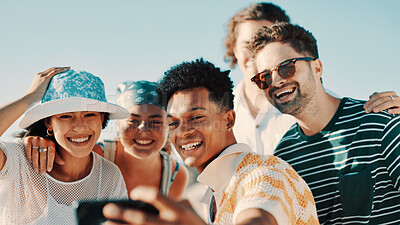 Buy stock photo Smile, friends and selfie outdoor on vacation, capture moment and funny memory together. Travel, men and women with group picture for photography, social media post or laugh on holiday with happiness