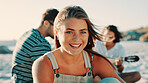 Beach, portrait and travel with woman outdoor in nature for bonding, friends trip or summer fun. Break, smile and vacation with group of happy people on shore at coast for holiday or weekend getaway