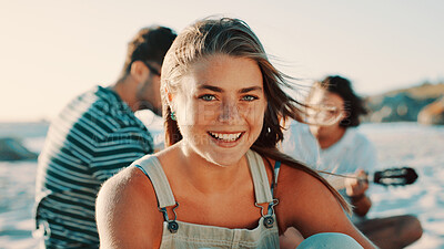 Buy stock photo Beach, portrait and travel with woman outdoor in nature for bonding, friends trip or summer fun. Break, smile and vacation with group of happy people on shore at coast for holiday or weekend getaway