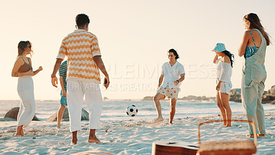 Buy stock photo People, playing and beach with ball for social gathering, fun summer or outdoor bonding in nature. Group, friends or playful community with soccer on ocean coast for vacation, holiday or weekend