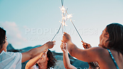 Buy stock photo People, hands and sparkler with blue sky for new year, outdoor event or social gathering. Group, friends or fireworks with stick in celebration for holiday, weekend or bonding together in nature