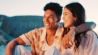 Buy stock photo Happy couple, hug and beach for date together, summer travel and romantic anniversary holiday for love. Care, outdoor bonding or people embrace partner with smile, support and vacation trip in Miami 