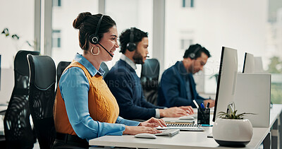 Buy stock photo Call center, computer and woman in office, smile and communication with advice. Employees, consultation and people with pc, coworking and contact us with discussion, help desk and customer support