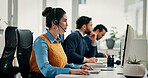 Call center, computer and woman in office, headset an communication with advice. Employees, conversation and people with pc, coworking and contact us with online reading, internet or customer service