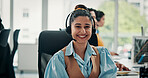 Portrait, woman and happy with headset in call center for customer service, assistance or help desk. Smile, female advisor and coworking with ambition, contact us and consultant for technical support