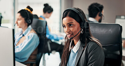 Buy stock photo Call center, computer and woman in office, consultant and communication with advice. Employees, contact us and people with pc, coworking and help desk with system solution, crm and customer support