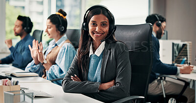 Buy stock photo Portrait, woman and headset with arms crossed in call center for customer service, assistance and help desk. Smile, agent and coworking with ambition, contact us and consultant for technical support