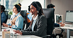 Call center, computer and woman in office, headset an communication with help desk. Employees, listening and people with pc, coworking and contact us with advice, system solution and customer support