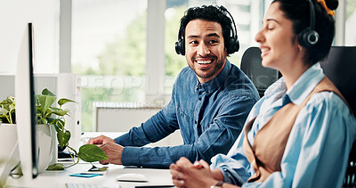 Buy stock photo Telemarketing, team and conversation in call center with computer, life insurance advice and help. Colleagues, happy people and talk in office with desktop, financial service policy info and support.