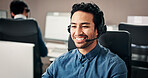 Happy man, consultant or computer with headset in call center for communication or customer service. Male person, friendly agent or smile with mic for virtual assistance, web support or online advice