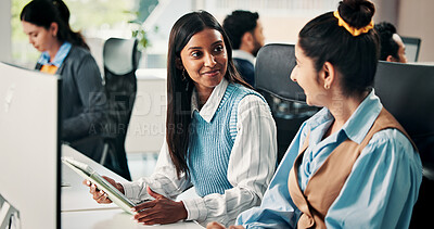 Buy stock photo Creative, woman and manager with tablet in office for training, editing article and news report. People, mentor and coworking with digital, proofreading and helping with draft for story publication
