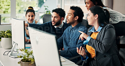 Buy stock photo Business, mentor and team with advice on computer for training, article guidance or story feedback. People, creative interns and help with tech at coworking agency for news reporting and editing FAQ