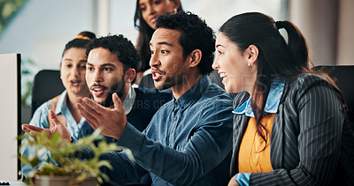 Buy stock photo Happy, group and employees with computer, office and positive results for campaign on web and online. Marketing team, surprised or people with ad success, collaboration and excited for good news