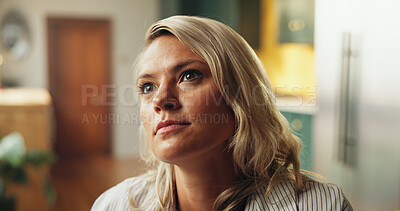 Buy stock photo Thinking, memory and woman in home for relax, reflection and calm in morning on weekend. Planning, dreaming and female person in living room for break with decision, choice or ideas in apartment.