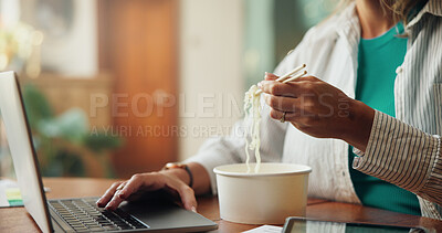 Buy stock photo Woman, laptop and lunch break with noodles for project draft, editing article or creative process in home. Remote work, freelancer and Chinese food with chopsticks for website editor or blog post