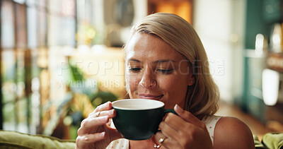 Buy stock photo Coffee, happy and woman in home in morning for calm, peace and relax on weekend in living room. Memory, thinking and female person smelling caffeine aroma for break with reflection in apartment.