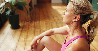 Buy stock photo Sweating, home fitness or woman with thinking for post workout, fatigue or morning training reflection. Tired, finish exercise session or person relax with health perspective, wellness or high angle