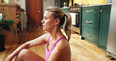 Buy stock photo Sweaty, home fitness or woman with thinking for post workout, fatigue or morning training reflection. Tired, finish exercise session or person with health perspective, relax or contemplate body goals