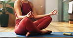 Yoga, hands or woman at home with sitting pose, meditation or holistic approach in body wellness. Sukhasana, peace or female person on floor with equipment, zen or mindfulness in indoor practice.
