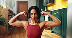 Bicep flex, portrait or woman in home for fitness, satisfaction or strength check in workout result. Exercise, pride or bodybuilder in house with arm squeeze, muscle or outcome in body transformation