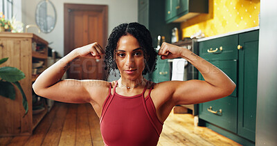 Buy stock photo Bicep flex, portrait or woman in home for fitness, satisfaction or strength check in workout result. Exercise, pride or bodybuilder in house with arm squeeze, muscle or outcome in body transformation