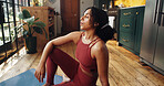 Yoga, breathing and woman in home for meditation, inner peace and mindfulness for health on break. Zen, yogi and person on kitchen floor for holistic exercise, fitness or relax with calm for wellness