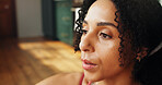 African woman, breathing and yoga at house with vision, fitness break and ideas for inner peace. Thinking, female person and reflection of holistic health, calm mindset and rest for recovery wellness