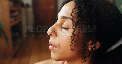 Buy stock photo Yoga, peace and woman in home for meditation, breathing and mindfulness for health with profile. Zen, yogi and person in house with eyes closed for holistic exercise, fitness and relax with calm