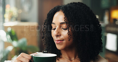 Buy stock photo Break, coffee and wellness with woman in home for caffeine, me time or weekend recovery. Aroma, cup and quiet with person drinking fresh beverage in apartment for chilling, easy morning or relax