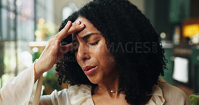 Buy stock photo Headache, sick and woman on sofa in home with fatigue, stress or burnout in living room. Dehydration, illness and female person with migraine for hangover recovery, brain fog or exhaustion in house.