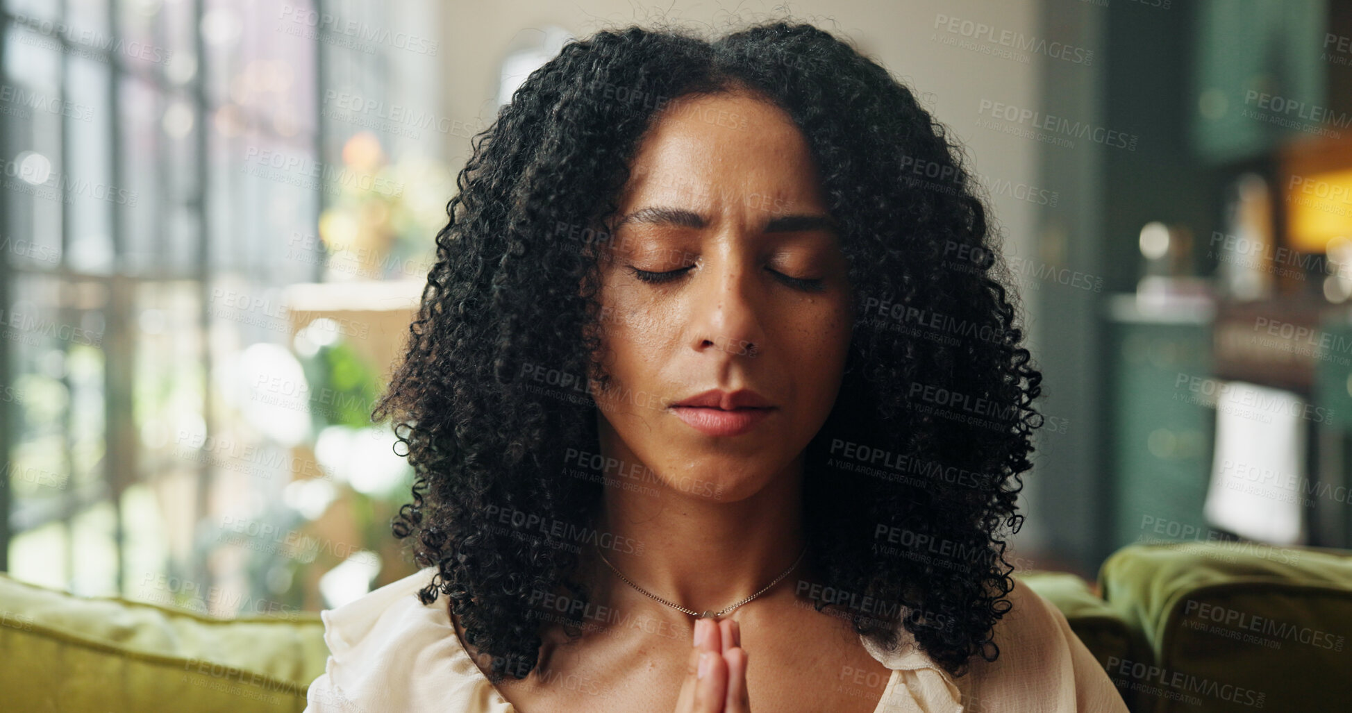 Buy stock photo Yoga, woman and meditation in home for relax, zen and inner peace with mindfulness. Yogi, breathing exercise and person in living room for holistic health, spiritual wellness or calm with healing