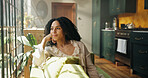 Thinking, African woman and rest at house with vision, peace and planning for calm morning. Thoughts, female person and reflection for weekend break, comfortable and daydreaming with nostalgia memory