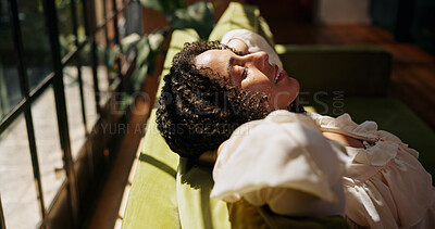Buy stock photo Thinking, woman and stretching on couch with smile for relax, peaceful moment and daydreaming in home. Happy, female person and rest on sofa with reflection for self care, wellness and satisfaction.