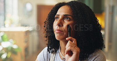 Buy stock photo Thinking, idea and freelancer with woman in home for reflection, project inspiration and planning. Remember, problem solving and remote worker with person in apartment for brainstorming and decision