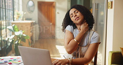 Buy stock photo Laptop, woman or neck pain in home with fatigue from fibromyalgia, muscle inflammation or remote work. Freelancer, computer or person in apartment with discomfort from bad posture, tension or burnout