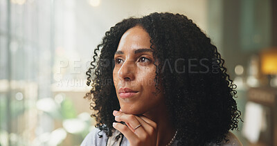 Buy stock photo Thinking, vision and freelancer with woman in home for reflection, project inspiration or planning. Remember, problem solving and remote worker with person in apartment for brainstorming and decision