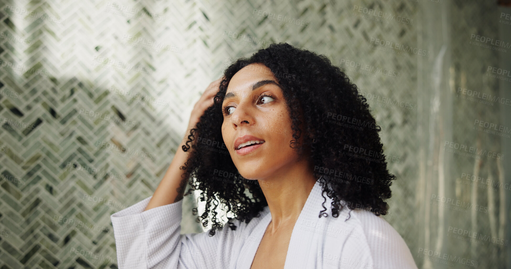 Buy stock photo Beauty, hair care and woman in bathroom in home for morning routine with grooming for health. Wellness, cosmetic treatment and female person with curly texture for hairstyle with growth in apartment.