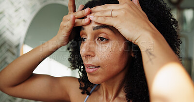 Buy stock photo Skincare, serum or woman in bathroom with massage, hydration or vitamin C benefits for soft skin. Dermatology, glow or girl in house with facial oil, collagen or shine in anti aging treatment.