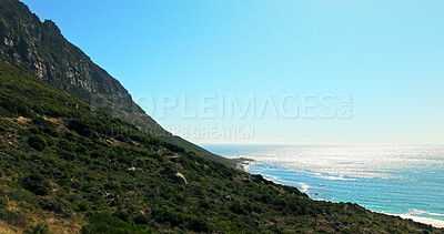 Buy stock photo Mountain, scenery and landscape in nature, outdoor and space in environment, sustainable and growth. Blue sky, travel destination and sea view for adventure, greenery and vacation or vegetation