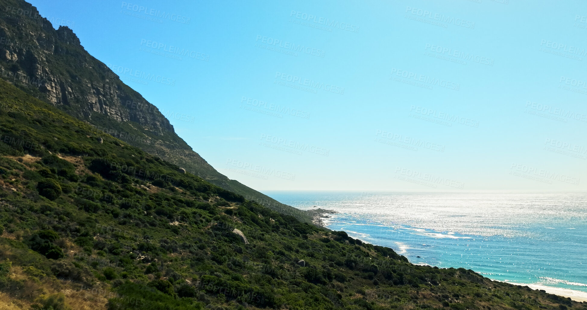 Buy stock photo Mountain, scenery and landscape in nature, outdoor and space in environment, sustainable and growth. Blue sky, travel destination and sea view for adventure, greenery and vacation or vegetation