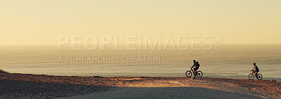 Buy stock photo People, bicycle and cycling with ocean view on mountain or banner for outdoor journey or adventure. Cyclist, friends or fitness with bike on mockup space or beach for extreme ride, exercise or travel