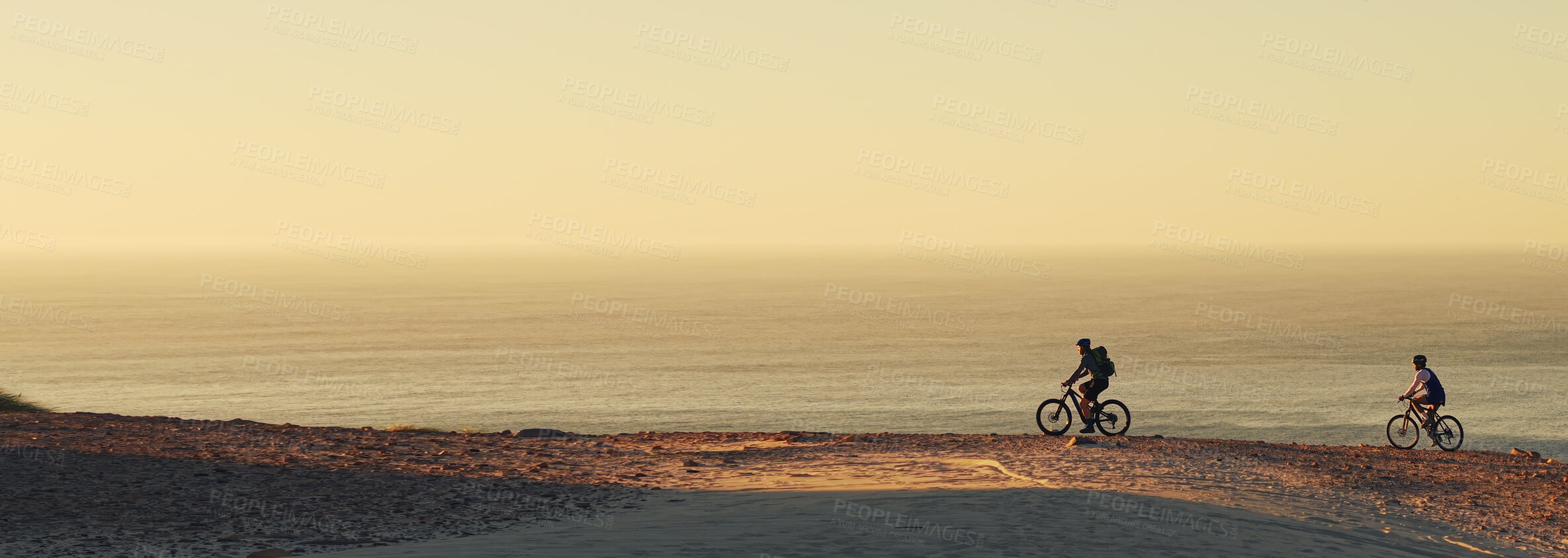 Buy stock photo People, bicycle and cycling with ocean view on mountain or banner for outdoor journey or adventure. Cyclist, friends or fitness with bike on mockup space or beach for extreme ride, exercise or travel