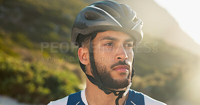 Buy stock photo Cycling, helmet and idea with man in mountains for adventure hobby, fitness or planning. Exercise, thinking and vision with cyclist person outdoor in nature for cardio training, safety or workout